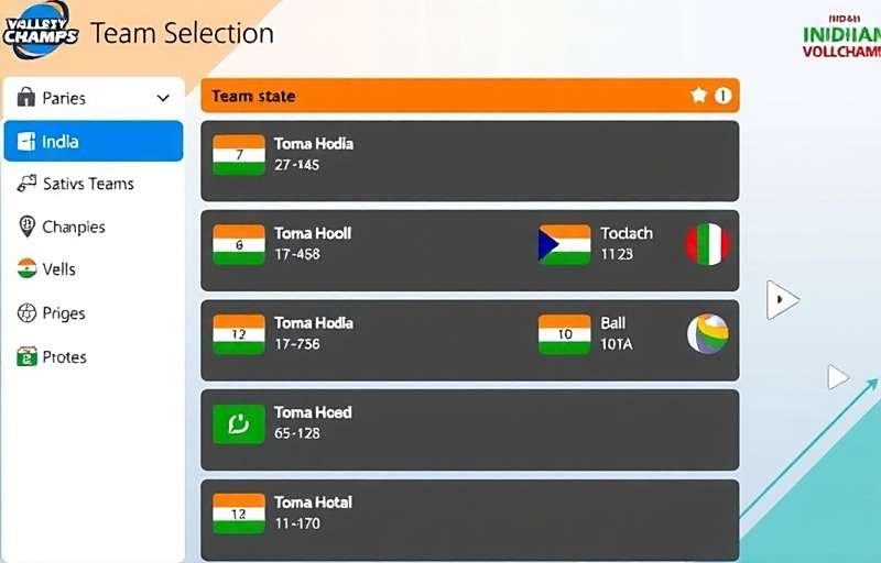 Indian Volley Champs Team Selection Screen showing various Indian state teams